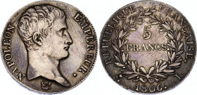 France 5 Francs 1806 L
KM# 673.8; N# 18347; Silver 24.77 g.; Napoléon I; Mint: Bayonne; VF Toned