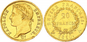 France 20 Francs 1810 A
KM# 695.1; Napoleon I. Paris Mint. Gold (.900) 6,45g. UNC-, full mint luster, rare condition.