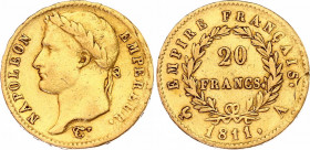 France 20 Francs 1811 A
KM# 695.1, N# 8249; Gold (.900) 6.39 g., 21 mm.; Napoleon I; VF/XF