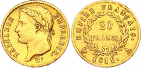 France 20 Francs 1812 A
KM# 695.1, N# 8249; Gold (.900) 6.40 g., 21 mm.; Napoleon I; XF-