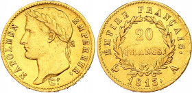 France 20 Francs 1813 A
KM# 695.1, N# 8249; Gold (.900) 6.41 g., 21 mm.; Napoleon I; VF/XF