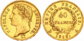France 40 Francs 1812 A
KM# 696.1; F# 541; N# 8248; Gold (.900) 12.90 g.; Napoléon I; Mint: Paris; XF-