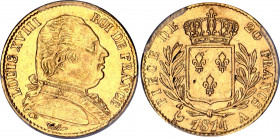 France 20 Francs 1814 A PCGS AU58
KM# 706.1; Gold (900) 6.41g.; Louis XVIII; AU-UNC, mint luster, rare condition.