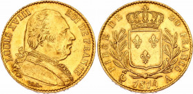 France 20 Francs 1814 A
KM# 706; F# 517; N# 3316; Gold (900); Louis XVIII (1814-1815, 1815-1824); XF+