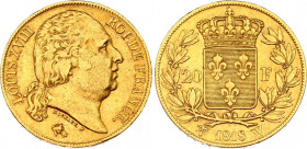 France 20 Francs 1818 W
KM# 712.9, N# 7366; Gold (.900) 6.40 g., 21 mm.; Louis XVIII; XF