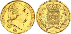 France 20 Francs 1819 A
KM# 712; Louis XVIII. Paris Mint. Gold (.900) 6.45 g, AU-UNC, full mint luster, rare condition.