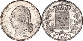 France 5 Francs 1824 W NGC MS 60
KM# 711.13; Louis XVIII. Lille Mint. Silver, UNC, full mint luster. Undergraded.