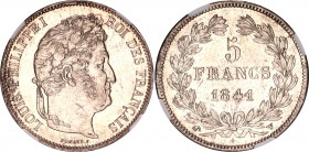 France 5 Francs 1841 W NGC MS 61
KM# 749.13 (Lille mint); Louis-Philippe Ier (1830-1848. Silver; UNC, strong mint luster.