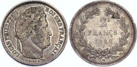 France 2 Francs 1844 W
KM# 743.13; N# 1228; Silver; Louis Philippe I; Mint: Lille; XF-AUNC Toned