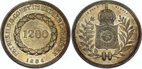 Brazil 1200 Reis 1834
KM# 454, N# 36192; Silver; Pedro II; Mintage 891 pcs only!; XF+ with nice toning