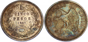 Chile 5 Pesos 1927 So
KM# 173.2; N# 30902; Narrow numeral "0.9" - 2.7mm; N# 30902; Silver; UNC with minor hairlines & nice toning