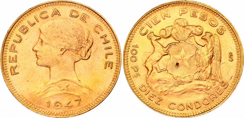 Chile 100 Pesos 1947 So
KM# 175, N# 34941; Gold (.900) 20.32 g., 31 mm.; With m...