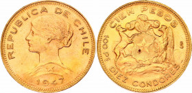 Chile 100 Pesos 1947 So
KM# 175, N# 34941; Gold (.900) 20.32 g., 31 mm.; With mint luster