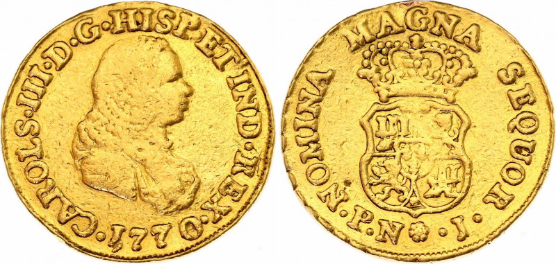 Colombia 2 Escudos 1770 PN J
KM# 36.2, N# 61406; Gold (.917) 6.67 g., 23 mm.; C...