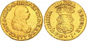 Colombia 2 Escudos 1770 PN J
KM# 36.2, N# 61406; Gold (.917) 6.67 g., 23 mm.; Carlos III; VF/XF, unmounted