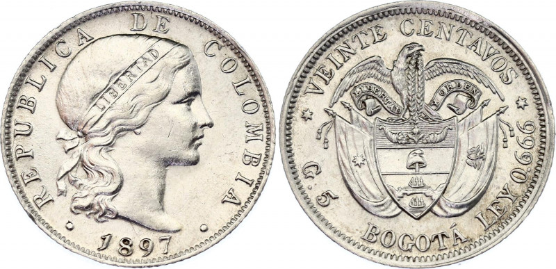Colombia 20 Centavos 1897
KM# 189; Hernández# 444; N# 19920; Silver; Mint: Brus...