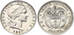 Colombia 20 Centavos 1897
KM# 189; Hernández# 444; N# 19920; Silver; Mint: Brussels; AUNC