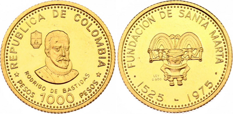 Colombia 1000 Pesos 1975 (ND)
KM# 259; N# 234017; Gold (.900) 4.30 g.; 450th An...