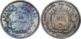 Costa Rica 50 Centimos 1923 (1893) HB Counterstamped Coinage
KM# 159, N# 8764; Countermark Type VIII; Silver; XF+ with amazing toning