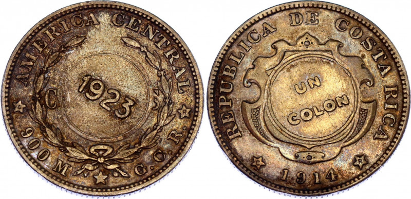 Costa Rica 1 Colon 1923 (1914) GCR Counterstamped Coinage
KM# 164; N# 21947; Si...
