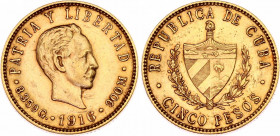 Cuba 5 Pesos 1916
KM# 19; JMA# 105; Y# 13; Fr# 4; N# 34214; Gold (.900) 8.36 g.; José Martí; Mint: Philadelphia; XF