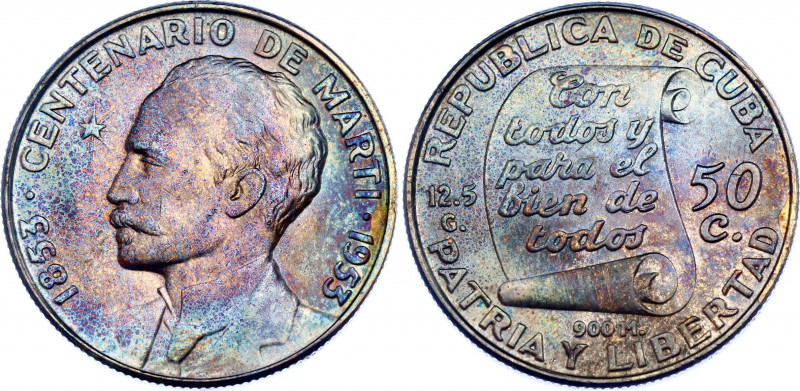 Cuba 50 Centavos 1953
KM# 28, N# 19966; Silver; 100th. Anniversary of José Mart...