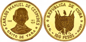 Cuba 100 Pesos 1977
KM# 43; N# 109293; Gold (.917) 12.00 g.; Carlos Manuel de Céspedes; Mint: Havana; Mintage 25000; UNC Proof