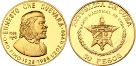 Cuba 50 Pesos 1988
KM# 209; N# 204999; Gold (.999) 15.55 g.; 60th Anniversary of Ernesto "Che" Guevara; Mint: Havana; Mintage 150; UNC Proof
