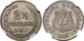 Dominican Republic 2-1/2 Centavos 1888 A NGC MS 63
KM# 7, N# 9195; Large date; Copper-nickel