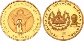 El Salvador 25 Colones 1971
KM# 143; Schön# 30; N# 45027; Gold (.900) 2.94 g.; 150th Anniversary of Independence; Mint: Mexico; Mintage 7650; UNC Pro...