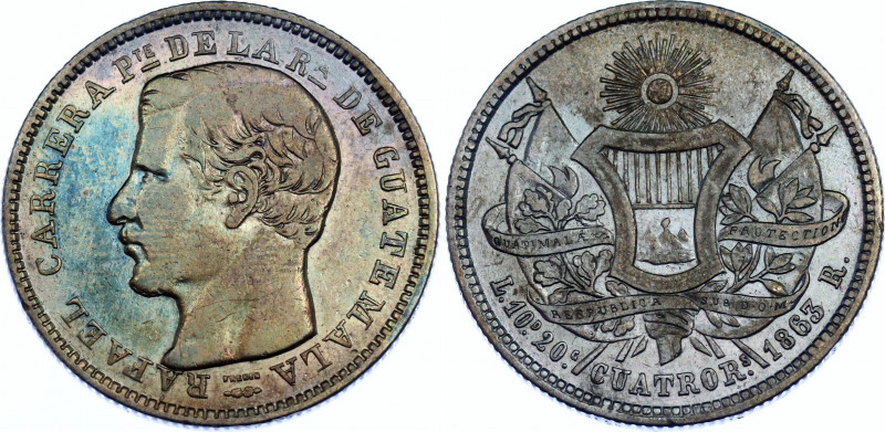 Guatemala 4 Reales 1863 R
KM# 140, N# 58308; Silver; Rafael Carrera; VF+/XF- wi...