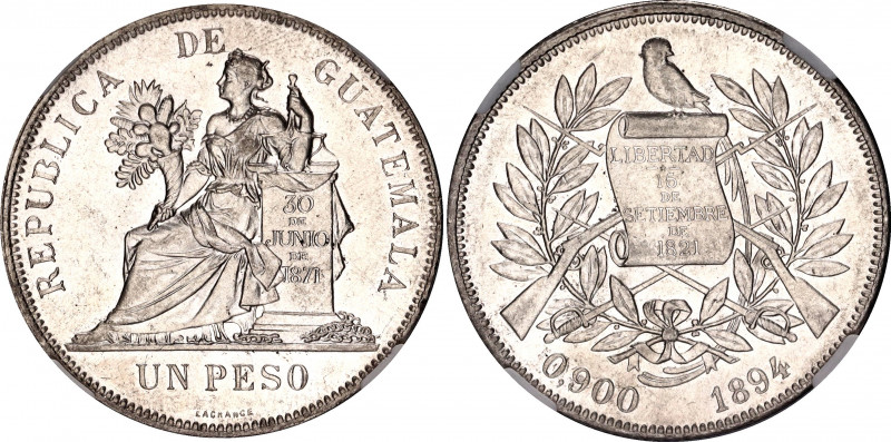 Guatemala Peso 1894 NGC MS 61
KM# 210; Silver, UNC. Strong mint luster, undergr...