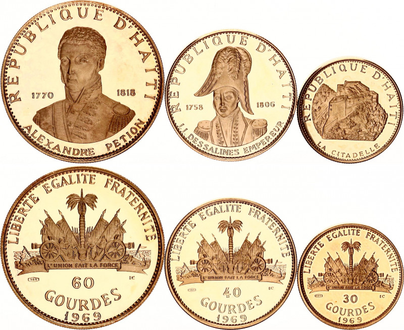 Haiti 30 - 40 - 60 Gourdes 1969
KM# 72, 73, 74; Gold (.585) 9.11 g., 12.15 g., ...