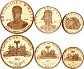 Haiti 30 - 40 - 60 Gourdes 1969
KM# 72, 73, 74; Gold (.585) 9.11 g., 12.15 g., 18.22 g., Proof; 10th Anniversary of Revolution - Citadel of Saint Chr...