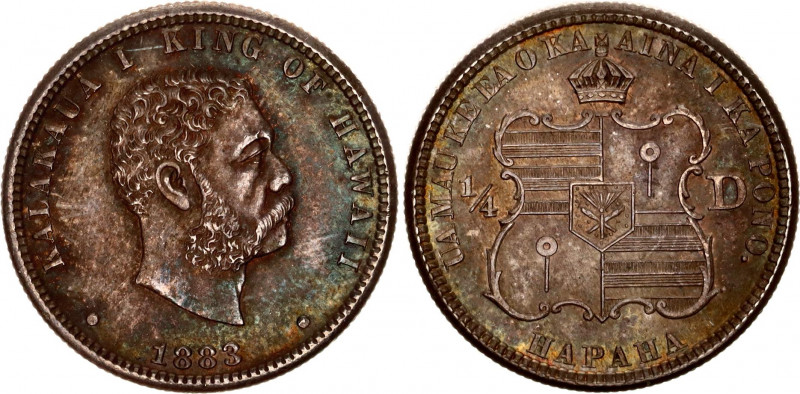 Hawaii 1/4 Dollar 1883
KM# 5, N# 6577; Silver, UNC with Attractive multicolor p...