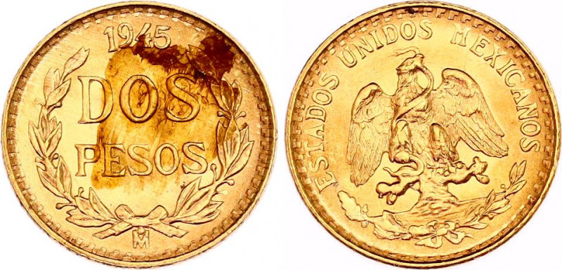 Mexico 2 Pesos 1945 Mo Restrike
KM# 461, N# 13933; Gold (.900) 1.66 g., 13 mm.;...