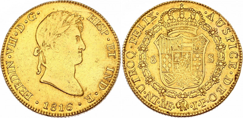 Peru 8 Escudos 1816 JP
KM# 129.1; N# 46629; Gold (.875) 27.00 g.; Mint: Lima; V...