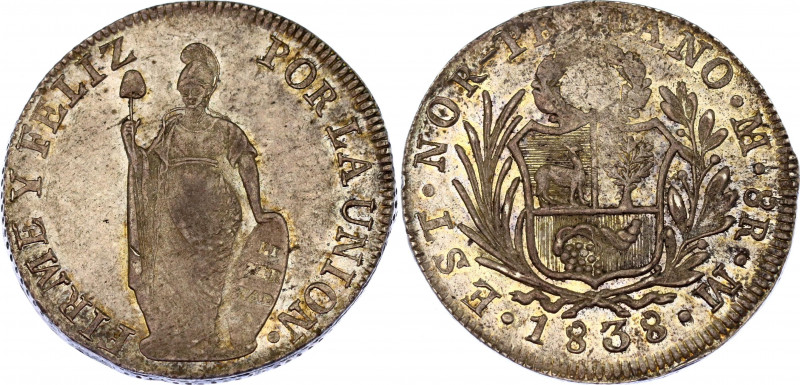 Peru 8 Reales 1838 M
KM# 155; North Peru, Lima Mint. Silver, UNC, full mint lus...