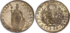 Peru 8 Reales 1838 M
KM# 155; North Peru, Lima Mint. Silver, UNC, full mint luster and beautiful patina. Extremely rare in this condition.