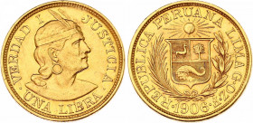 Peru 1 Libra 1906 GOZF
KM# 207; N# 46644; Gold (.917) 7.99 g.; Mint: Lima; AUNC