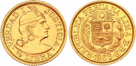Peru 1/2 Libra 1968 BB Overstrike
KM# 209, N# 46645; Gold (.917) 3.99 g., 19 mm.; Trade Coinage; Mintage 14000 pcs; AUNC with minor hairlines