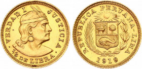 Peru 1/5 Libra 1919
KM# 210; N# 25403; Gold (.917) 1.60 g.; Mint: Lima; Mintage 10000; UNC