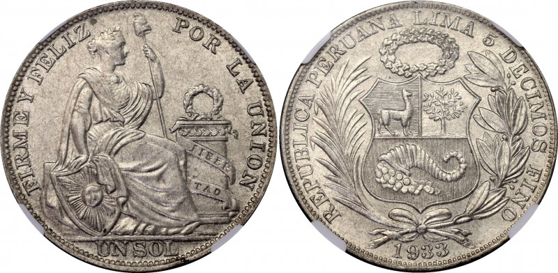 Peru 1 Sol 1933 NGC MS 62
KM# 218, N# 4639; Silver