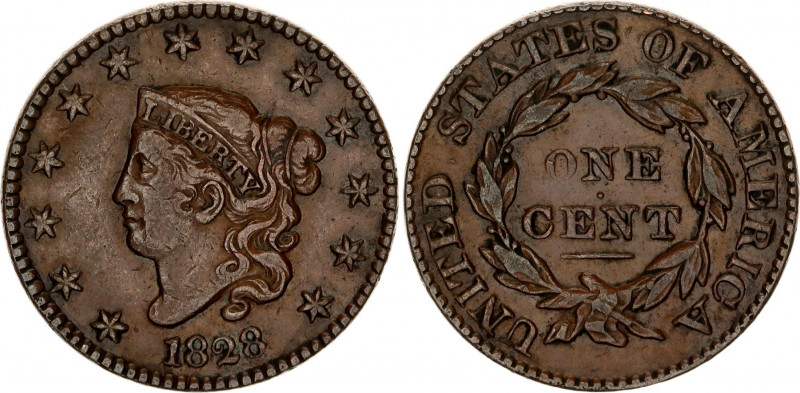 United States 1 Cent 1828
KM# 45.1, N# 14203; Copper; "Liberty Head / Matron He...