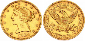United States 5 Dollars 1880
KM# 101; N# 18809; Gold (.900) 8.36 g.; "Liberty/Coronet Head - Half Eagle" with Motto; Mint: Philadelphia; XF
