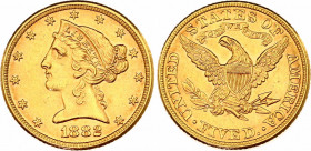 United States 5 Dollars 1882
KM# 101, N# 18809; Gold (.900) 8.35 g., 21.6 mm.; "Liberty / Coronet Head - Half Eagle"; XF+ with mint luster