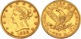 United States 10 Dollars 1906 S
KM# 102, N# 16134; Gold (.900) 16.71 g., 27 mm.; "Coronet Head - Eagle"; XF