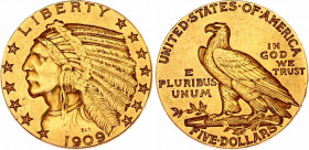 United States 5 Dollars 1909
KM# 129; N# 18681; Gold (.900) 8.36 g.; "Indian Head - Half Eagle"; Mint: Philadelphia; AUNC