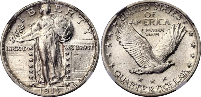 United States 25 Cents 1919 S NGC MS 62
KM# 145; Schön# 135; N# 3573; Silver; "...