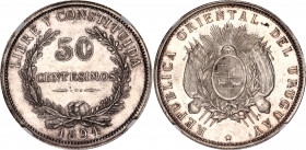 Uruguay 50 Centesimos 1894 NGC MS 63
KM# 16; Silver, UNC, prooflike surface. Very beautiful coin.